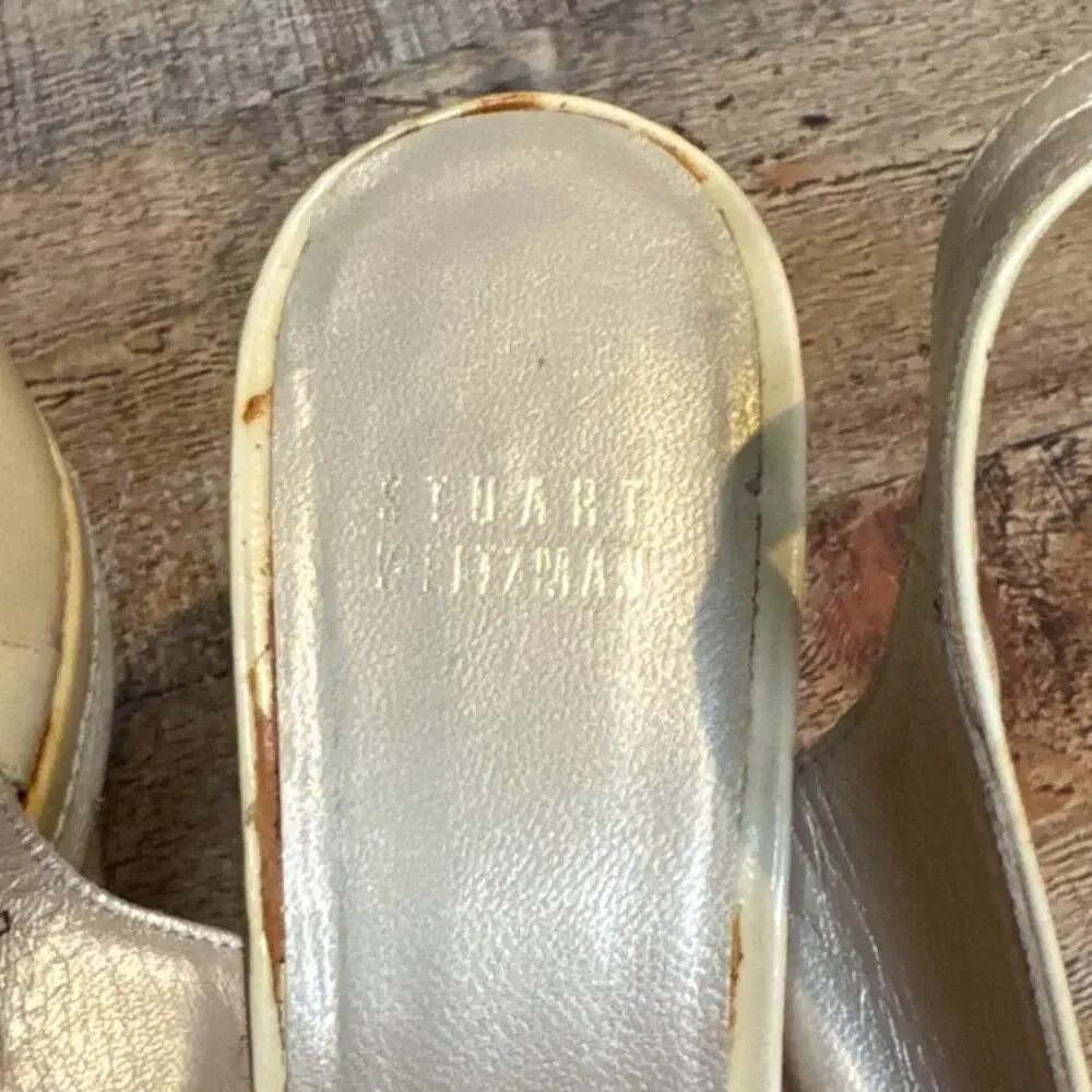 Stuart Weitzman Patent Leather Tan Wedge Slingback Heels Peep Toe Size 8 - Picture 12 of 14